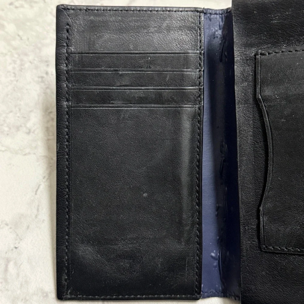 Coach Vintage Long Bifold Wallet Mens Black Good Leather Slim Blue Interior Logo